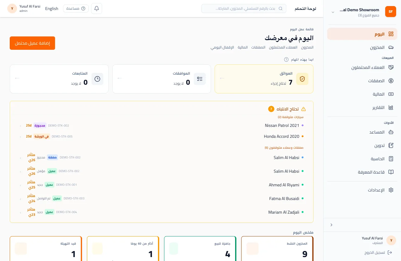 معاينة لوحة ShowOps العربية لمعرض سيارات مستعملة ببيانات تجريبية