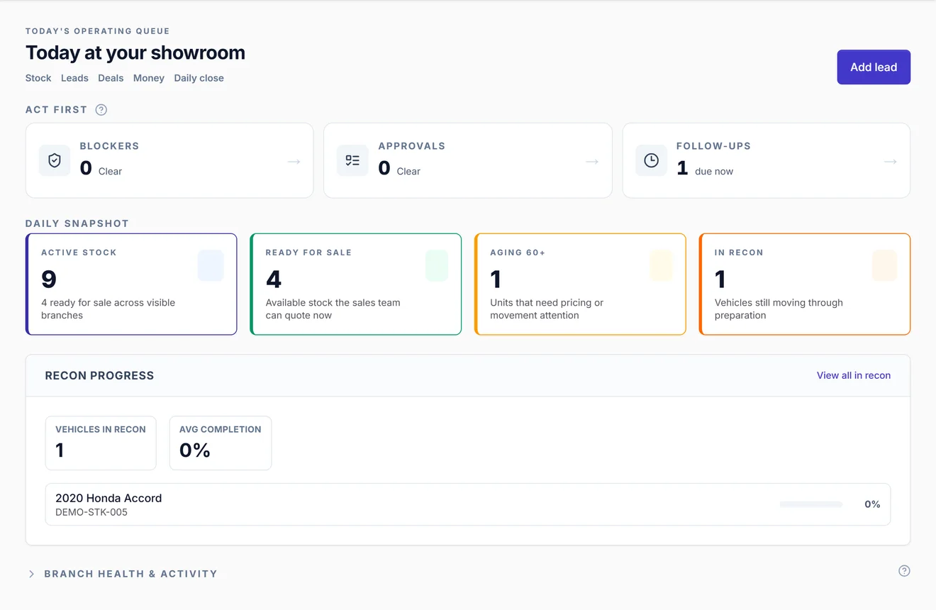 Arabic ShowOps dashboard preview for a fictional Oman used-car showroom