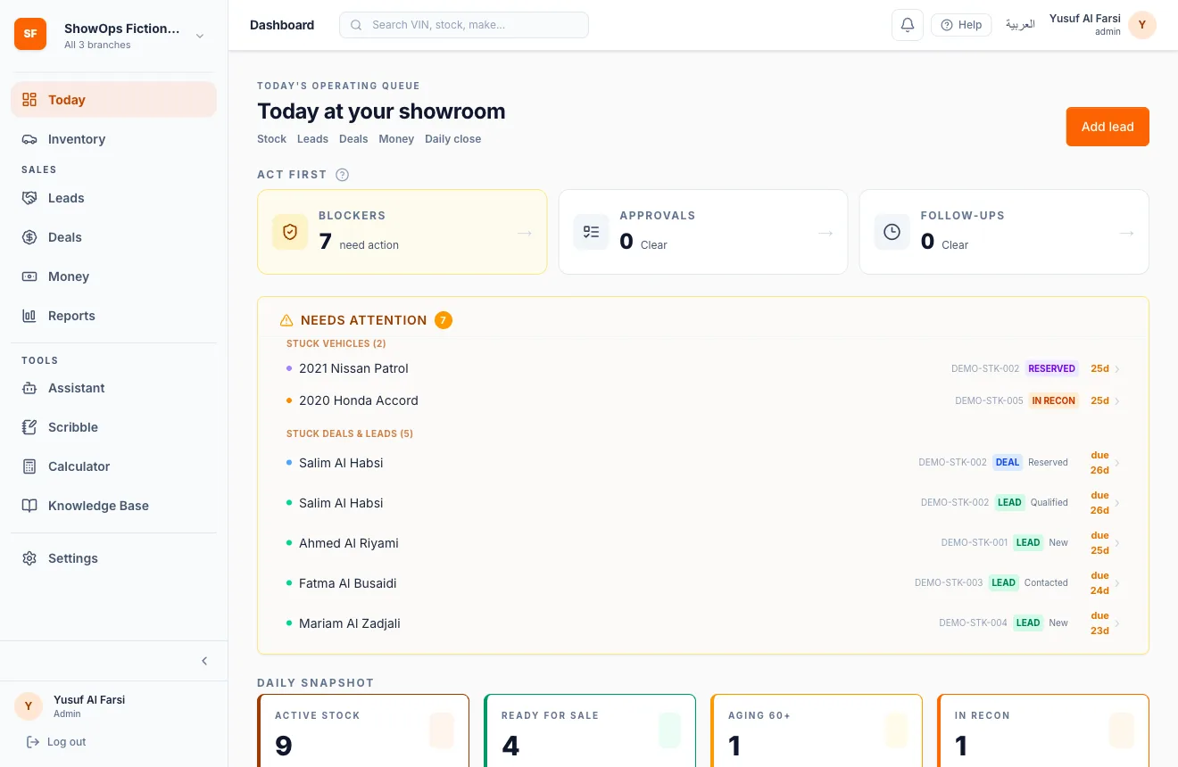 Arabic ShowOps dashboard preview for a fictional used-car showroom
